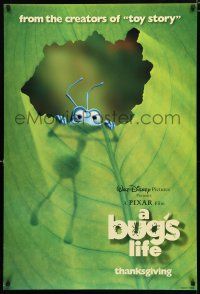 9b143 BUG'S LIFE Thanksgiving advance DS 1sh '98 Walt Disney, Pixar CG, ant peeking through leaf!