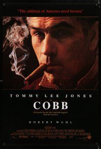 9b165 COBB 1sh '94 baseball, close-up of cigar smoking Tommy Lee Jones as Ty Cobb!