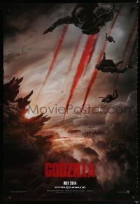9b268 GODZILLA teaser DS 1sh '14 image of soldiers parachuting over monster & burning city!