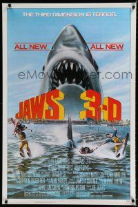 9b368 JAWS 3-D 1sh '83 great Gary Meyer shark artwork, the third dimension is terror!