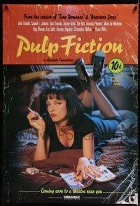 9b001 PULP FICTION recalled advance 1sh '94 Quentin Tarantino, Uma Thurman smoking Lucky Strikes!
