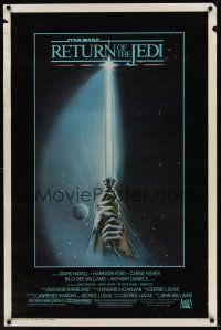 9b607 RETURN OF THE JEDI 1sh '83 George Lucas classic, art of hands holding lightsaber!