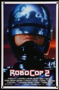 9b629 ROBOCOP 2 DS 1sh '90 super close up of cyborg policeman Peter Weller, sci-fi sequel!