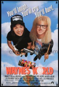 9b825 WAYNE'S WORLD DS 1sh '91 Mike Myers, Dana Carvey, one world, one party, excellent!