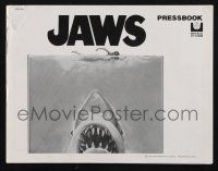 9c253 JAWS pressbook '75 art of Steven Spielberg's classic man-eating shark attacking sexy swimmer