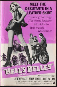 9c213 HELL'S BELLES pressbook '69 sexy too young too tough biker babe in leather skirt!