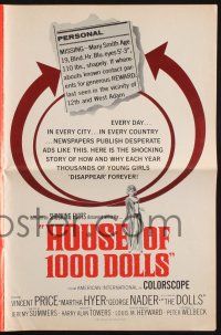 9c226 HOUSE OF 1000 DOLLS pressbook '67 Vincent Price, Martha Hyer, traffic in human flesh!