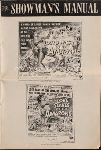 9c296 LOVE-SLAVES OF THE AMAZONS pressbook '57 sexy barely-dressed female native throwing spear art!