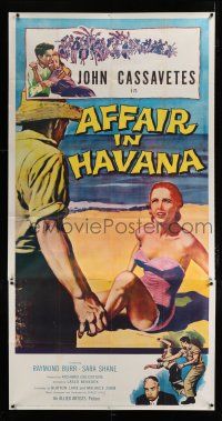9d425 AFFAIR IN HAVANA 3sh '57 John Cassavetes in Cuba, art of Sara Shane in swimsuit on beach!