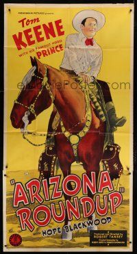9d447 ARIZONA ROUNDUP 3sh '42 cowboy Tom Keene is a fightin' federal agent now, cool stone litho!