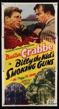 9d469 BILLY THE KID'S SMOKING GUNS 3sh '42 close up of tough Buster Crabbe brawling with guy!