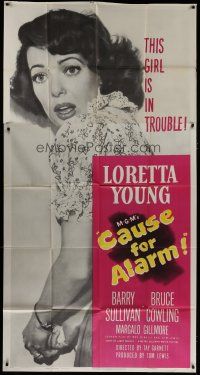 9d504 CAUSE FOR ALARM 3sh '50 great huge close up image Loretta Young, and she is in trouble!