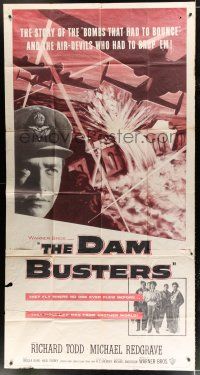 9d528 DAM BUSTERS 3sh '55 English pilot Michael Redgrave, directed by Michael Anderson!
