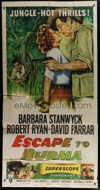 9d565 ESCAPE TO BURMA 3sh '55 art of Robert Ryan with gun & Barbara Stanwyck in India!