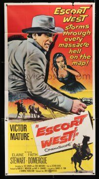9d566 ESCORT WEST 3sh '59 close up art of cowboy Victor Mature with gun & Elaine Stewart!