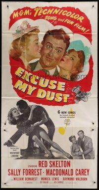 9d567 EXCUSE MY DUST 3sh '51 art of Red Skelton being kissed by two pretty girls!