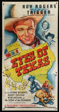 9d569 EYES OF TEXAS 3sh '48 art of Texas + Roy Rogers close up & riding on Trigger!