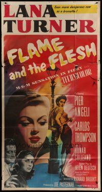 9d584 FLAME & THE FLESH 3sh '54 artwork of sexy brunette bad girl Lana Turner, plus Pier Angeli!