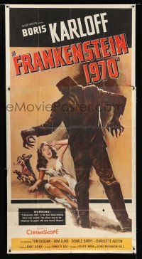 9d598 FRANKENSTEIN 1970 3sh '58 Boris Karloff, great artwork of monster attacking sexy girl!