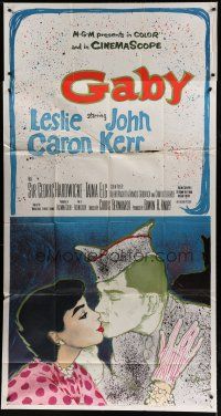 9d605 GABY 3sh '56 wonderful Colonia art of soldier John Kerr kissing Leslie Caron!