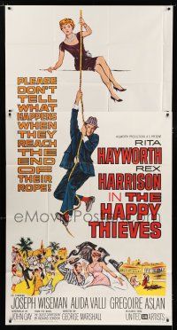 9d641 HAPPY THIEVES 3sh '62 cool artwork of Rita Hayworth & Rex Harrison climbing rope!