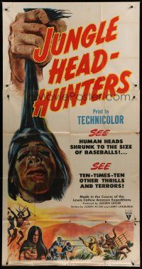 9d688 JUNGLE HEADHUNTERS 3sh '51 wild shrunken head artwork, voodoo documentary!
