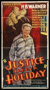 9d689 JUSTICE TAKES A HOLIDAY 3sh '33 different stone litho H.B. Warner Behind bars!
