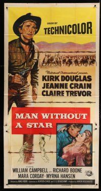 9d739 MAN WITHOUT A STAR 3sh '55 art of cowboy Kirk Douglas pointing gun, Jeanne Crain