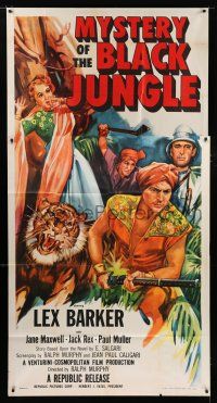 9d775 MYSTERY OF THE BLACK JUNGLE 3sh '55 cool art of Lex Barker w/rifle by tiger hunting in India!