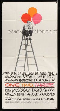 9d804 ONE, TWO, THREE 3sh '62 wonderful Saul Bass art of Billy Wilder on ladder with balloons!