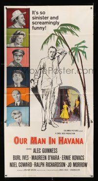 9d807 OUR MAN IN HAVANA 3sh '60 art of Alec Guinness in Cuba, directed by Carol Reed!