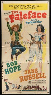 9d813 PALEFACE 3sh '48 full-length art of Bob Hope & sexy Jane Russell with pistol!