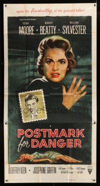 9d830 POSTMARK FOR DANGER 3sh '55 art of Terry Moore, who is hunted by the postcard killer!