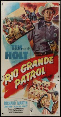 9d855 RIO GRANDE PATROL 3sh '50 great artwork of Tim Holt holding revolver by train!