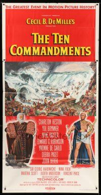9d928 TEN COMMANDMENTS 3sh '56 Cecil B. DeMille, Heston, Brynner & parting Red Sea, ultra rare!
