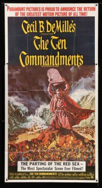 9d929 TEN COMMANDMENTS 3sh R66 directed by Cecil B. DeMille, art of Charlton Heston with tablets!