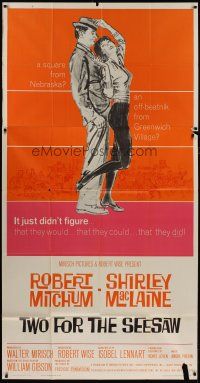 9d955 TWO FOR THE SEESAW 3sh '62 Mitchell Hooks art of Robert Mitchum & beatnik Shirley MacLaine!