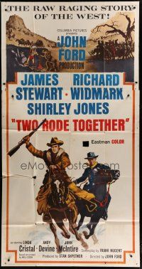 9d957 TWO RODE TOGETHER 3sh '61 John Ford, art of James Stewart & Richard Widmark on horses!