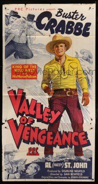 9d965 VALLEY OF VENGEANCE 3sh '44 stone litho of cowboy Buster Crabbe, King of the Wild West!