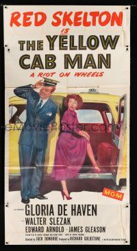 9d992 YELLOW CAB MAN 3sh '50 art of Red Skelton helping sexy Gloria DeHaven into taxi!