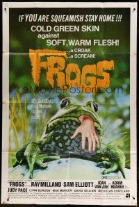 9d028 FROGS 40x60 '72 great horror art of man-eating amphibian with human hand hanging from mouth!
