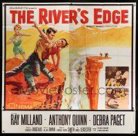 9d210 RIVER'S EDGE 6sh '57 art of Ray Milland & Anthony Quinn fighting on cliff, Debra Paget