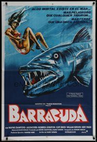 9d111 BARRACUDA Argentinean '78 great artwork of huge killer fish attacking sexy diver in bikini!