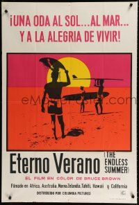 9d124 ENDLESS SUMMER Argentinean '67 Bruce Brown surfing classic, great art of surfers on beach!