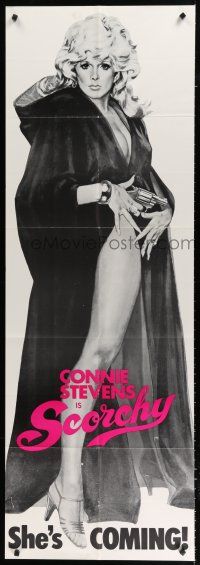9d097 SCORCHY door panel '76 full-length art of sexy barely-dressed Connie Stevens in black cape!