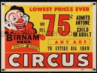 9e102 BIRNAM BROS. GREAT 3 RING CIRCUS circus poster '50s great artwork of laughing clown!