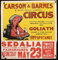 9e103 CARSON & BARNES 5 RING WILD ANIMAL CIRCUS circus poster '50s art of hippopotamus!