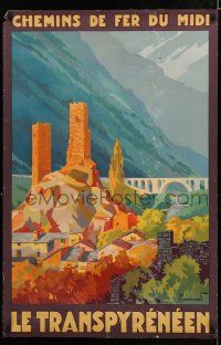 9e078 CHEMINS DE FER DU MIDI French travel poster '30s wonderful artwork of Pyrenees Mountains!