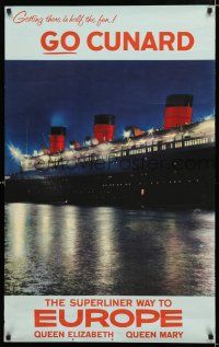 9e621 CUNARD EUROPE English commercial poster '50s Queen Mary & Queen Elizabeth, image of ship!