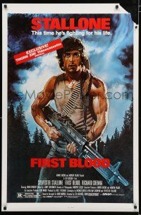 9e812 FIRST BLOOD video poster R1985 artwork of Sylvester Stallone as John Rambo by Drew Struzan!